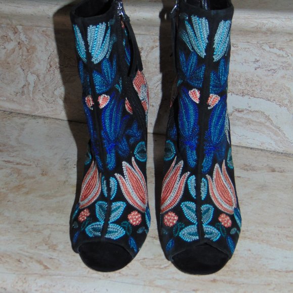 Rebecca Minkoff Black Teal Peach Billie Floral Embroidered Peep Toe Bootie Sz 8M - Picture 3 of 9